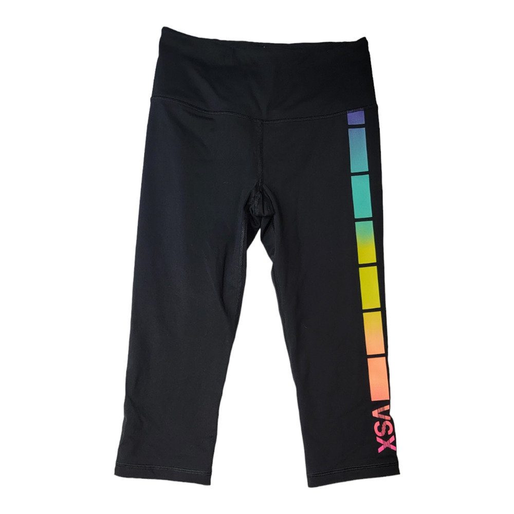 Victoria's Secret VSX Side Rainbow Sport Cropped Leggings Stretch Black Size XS - Picture 2 of 5